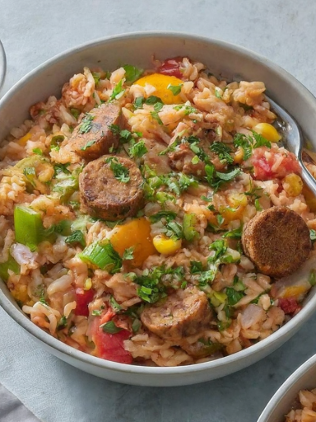 Let the flavors of Louisiana dance on your tongue! This veggie-packed jambalaya features protein-rich sausage and the holy trinity of Cajun cuisine: bell peppers, celery, and onion.