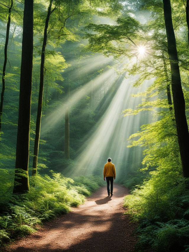 Hikers traversing a scenic trail amidst a dense forest with sunlight filtering through the leaves.
