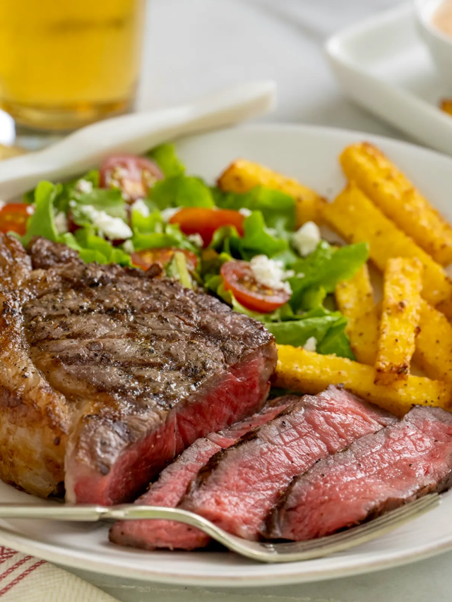 A split image showing a reverse-seared steak in an oven and a pan-seared steak on a stovetop.
