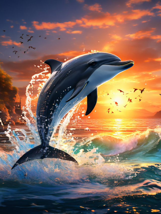 A panoramic photo of Mobile Bay, featuring boats, dolphins, and a beautiful sunset.
