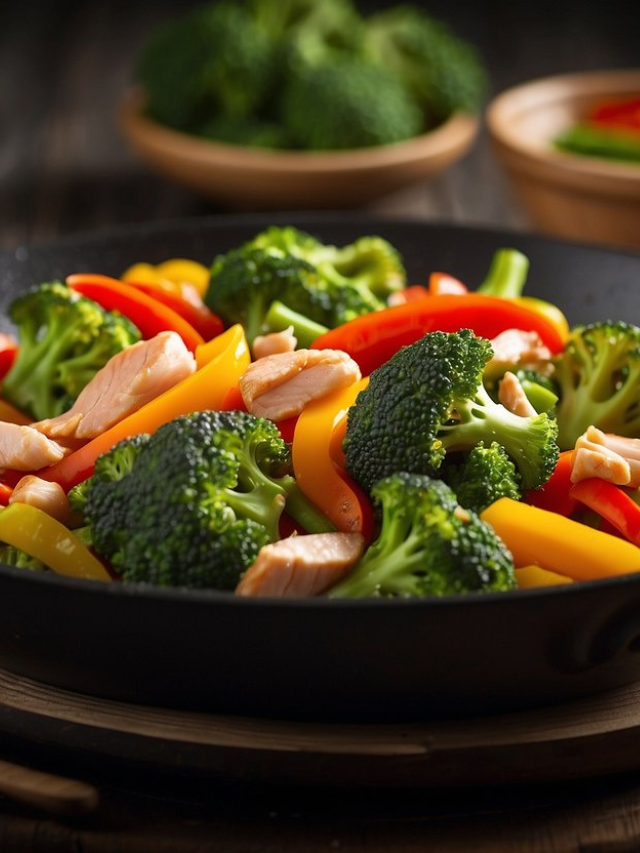 A sizzling stir-fry with chicken, broccoli, carrots, and bell peppers.
