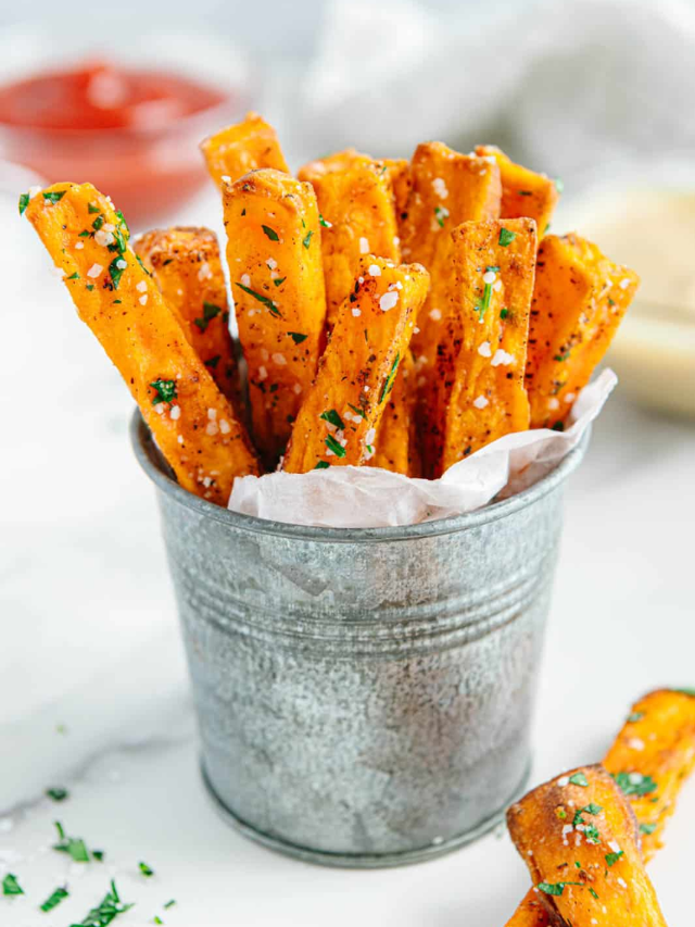  A split image showing a plate of crispy french fries and a side of creamed spinach.
