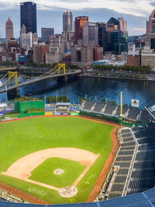 A split image - a cheering crowd at Heinz Field during a Pittsburgh Steelers game and a vibrant scene at PNC Park during a Pirates baseball game.
