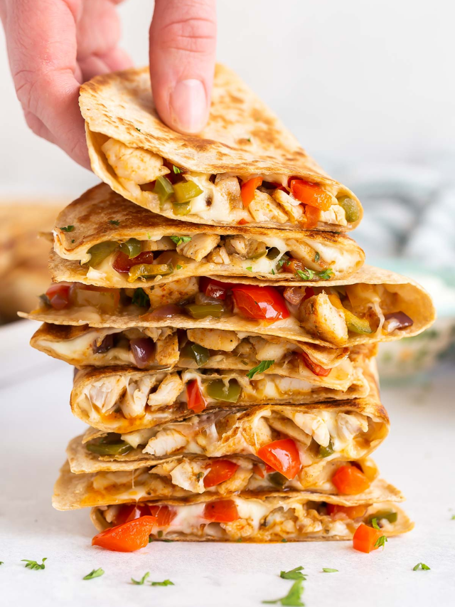 Golden brown quesadillas filled with cheese, chicken, and black beans
