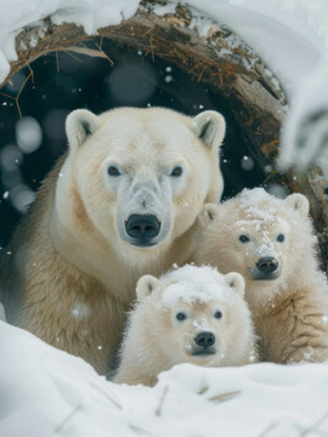 A mother polar bear with her cubs on a shrinking ice floe
