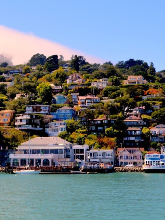 A streetscape of Carmel-by-the-Sea, followed by images of Mendocino's colorful buildings and Cannon Beach's Haystack Rock.

