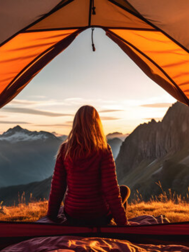 A rustic cabin nestled amidst the trees with smoke rising from the chimney, and a scenic campsite with tents pitched under a starry sky.

