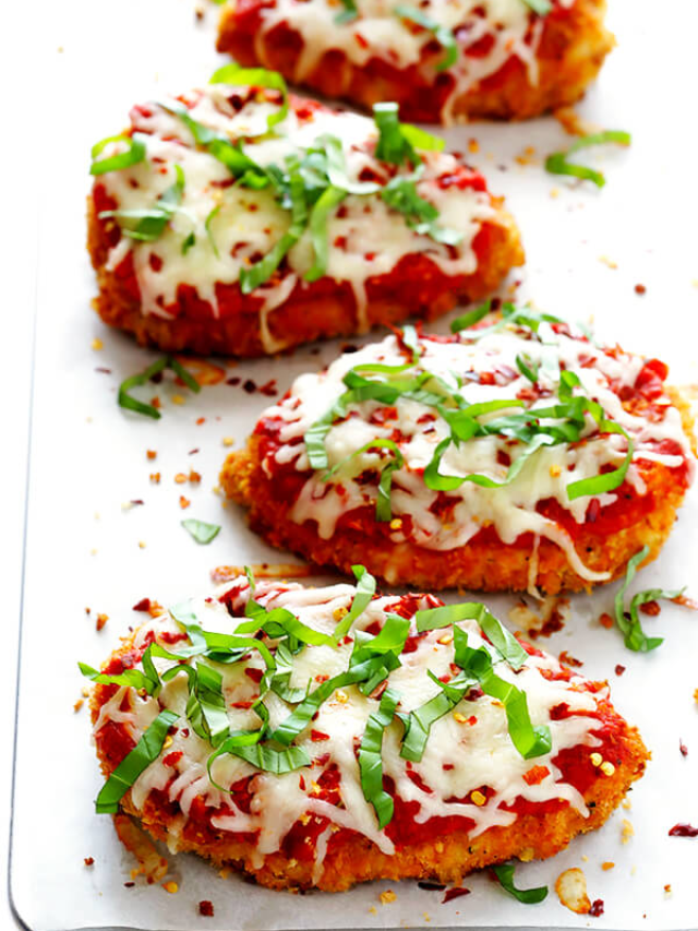 Chicken Parmesan with marinara sauce and melted mozzarella cheese
