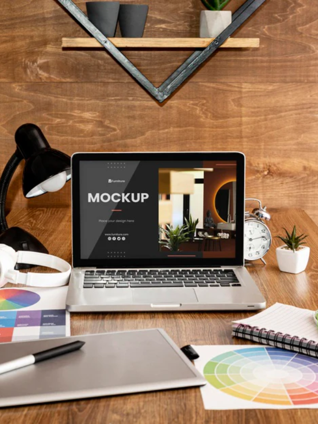 A designer's desk with design tools and a lorem ipsum text mockup.
