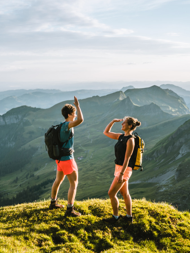  A group of friends hiking together, laughing and enjoying the breathtaking scenery.
