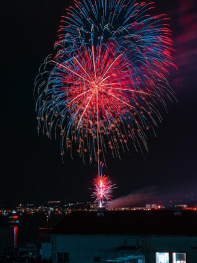 Fireworks bursting over the lake at night, creating a dazzling display.
