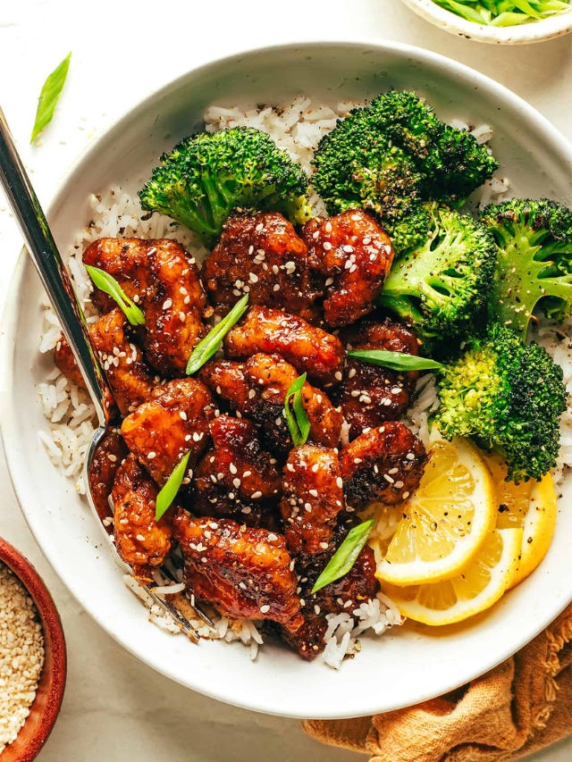 Chicken breasts with a sticky, golden brown honey garlic glaze.
