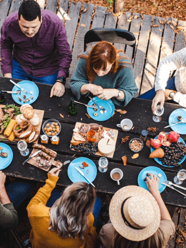 A collage of images showcasing different Thanksgiving traditions: families cooking together, watching the parade, playing football, and giving thanks.
