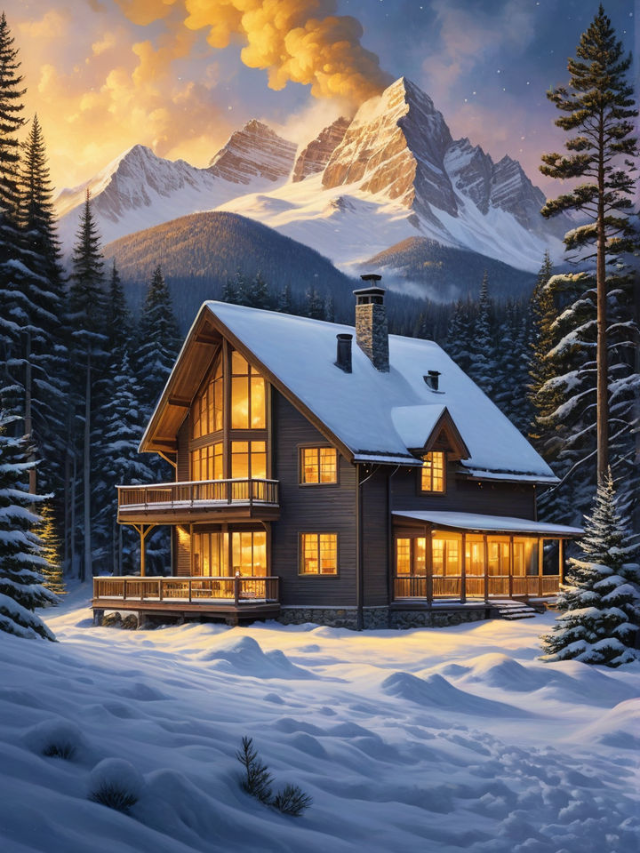 A cozy cabin nestled amidst the mountains, with smoke curling from the chimney.

