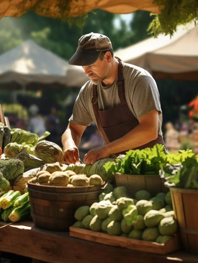 A bustling farmers market with colorful displays of fresh produce, baked goods, and local crafts.
