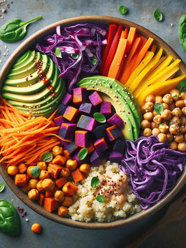  A colorful Buddha Bowl with roasted vegetables, quinoa, and tofu

