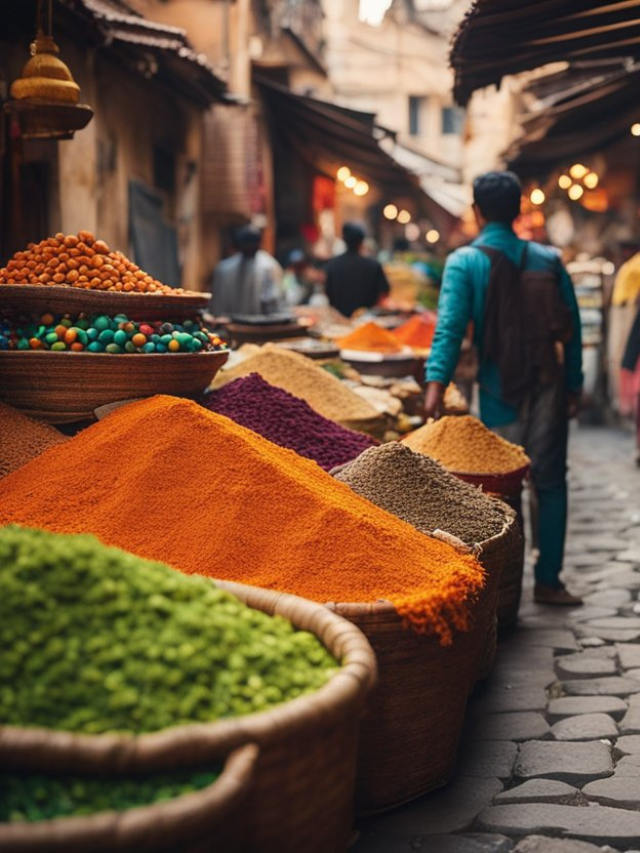 A bustling marketplace with colorful stalls selling locally-made crafts, souvenirs, and fresh produce.
