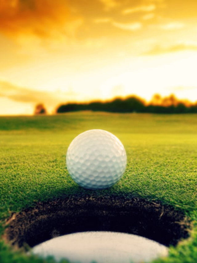 A golfer teeing off on a lush green fairway with palm trees and the sparkling Gulf of Mexico in the background.
