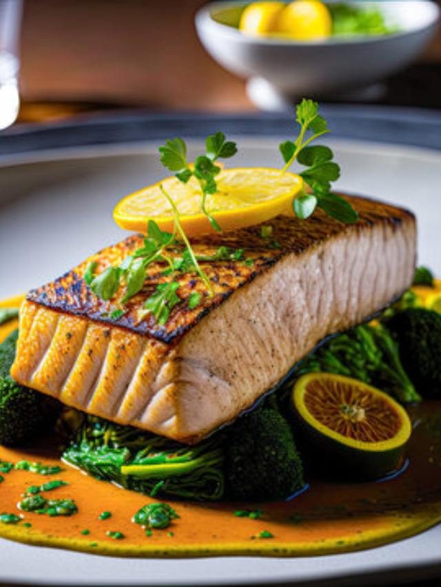 A vibrant display of fresh seafood, tropical fruits, and local dishes.
