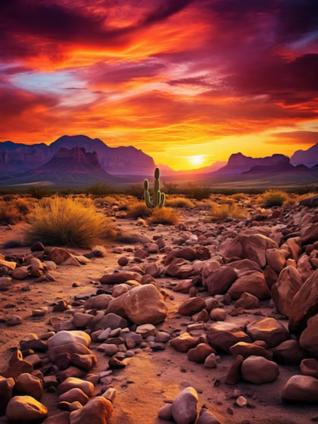 A photo of a trail winding through a desert landscape with cacti and mountains in the distance.
