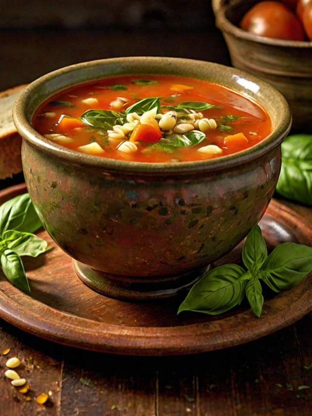 A steaming bowl of minestrone soup with vegetables and pasta.
