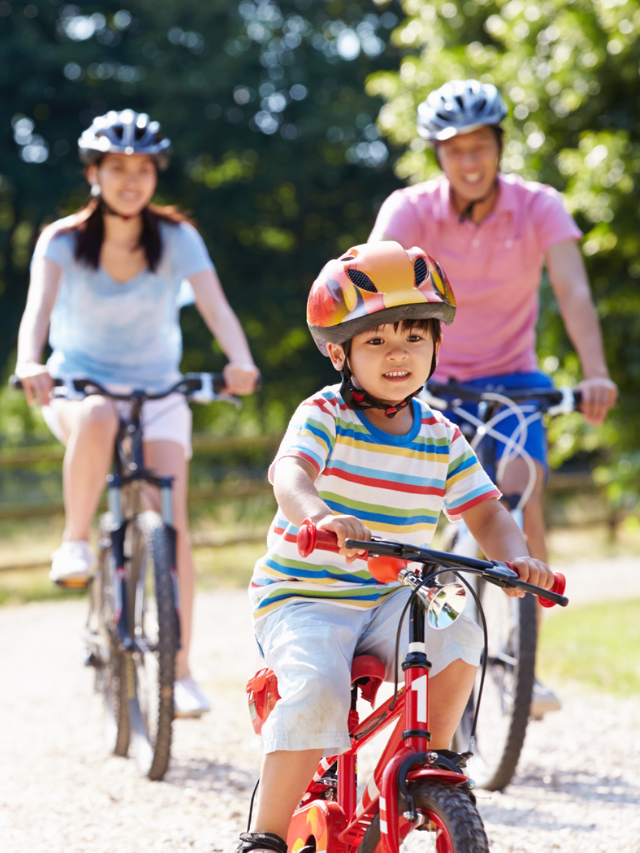  Family enjoying a scenic bike ride on a paved path with stunning lake views.
