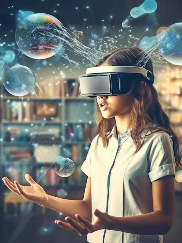  A person wearing a VR headset and interacting with a virtual object in a real-world environment.
