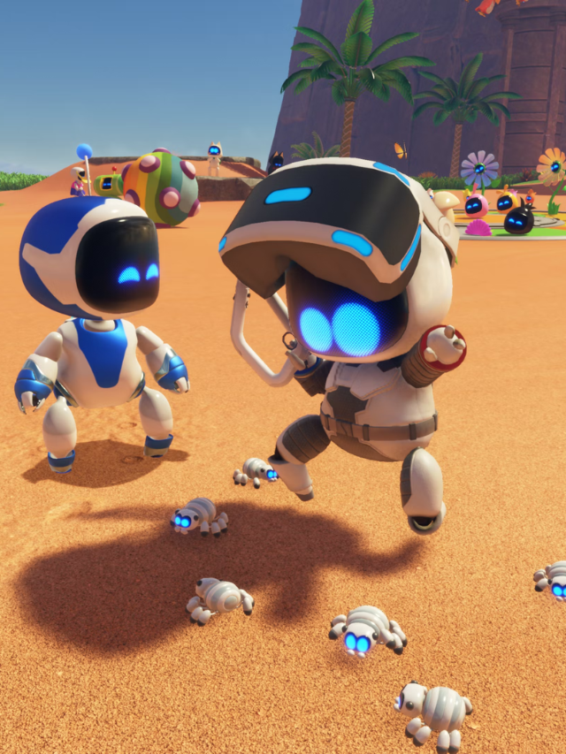 Astro Bot waving goodbye, with a playful smile.